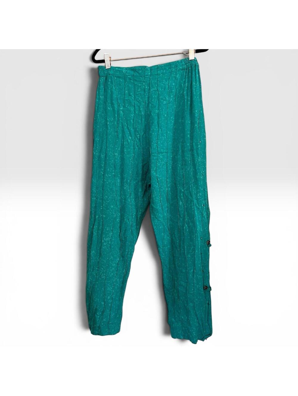 Vintage Nadya Teal Green Crinkled Pants Side Button Lagenlook Bali Artisan Small